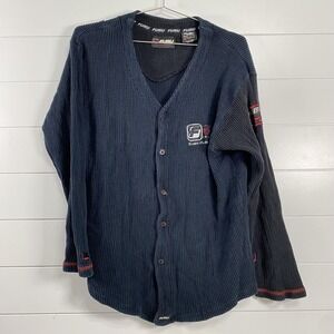 Vintage FUBU Sweater Mens Large Blue Waffle Knit Button Front Logo Y2K 90s